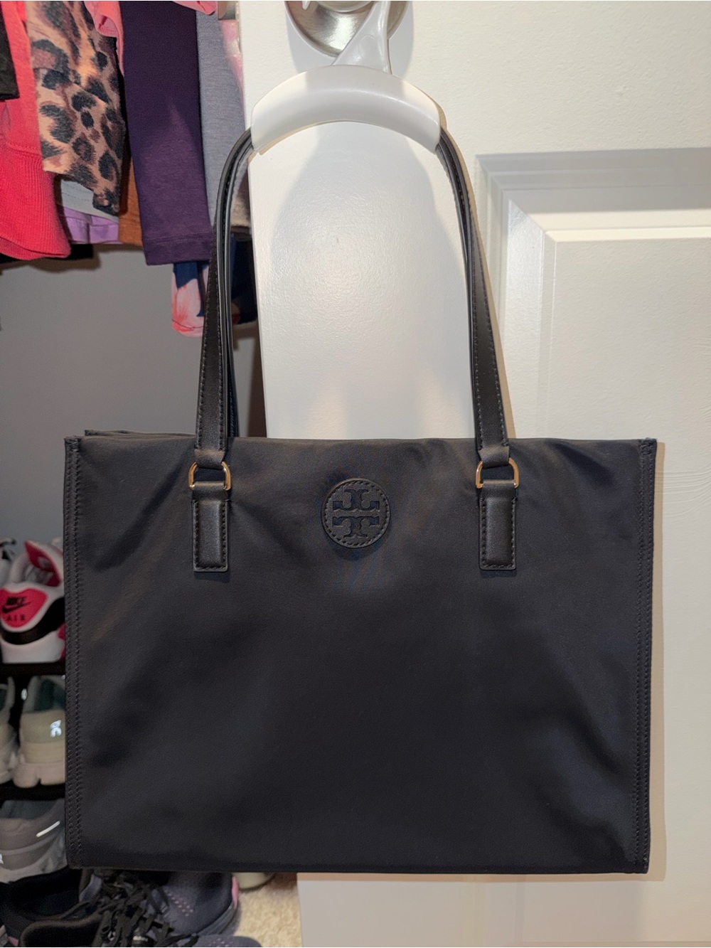 Tory Burch Black Nylon Tote with Logo Medallion and Leather Straps